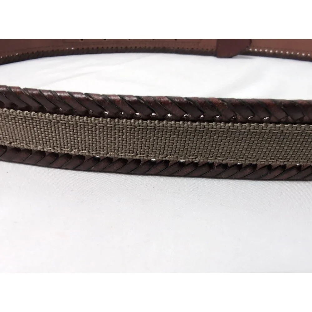 CUSTOM LEATHER BELT LEATHER And WOVEN CANVAS MENS SIZE 42 BROWN/TAN/BRASS